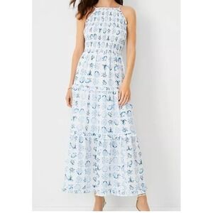 Ann Taylor Seashell Lemon Tile Maxi Dress Women L Blue White Smocked Tiered